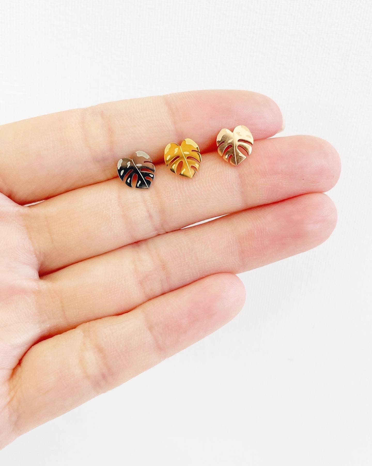 Monstera Albo & Thai Constellation Plant Studs: 18k Rose Gold Plated