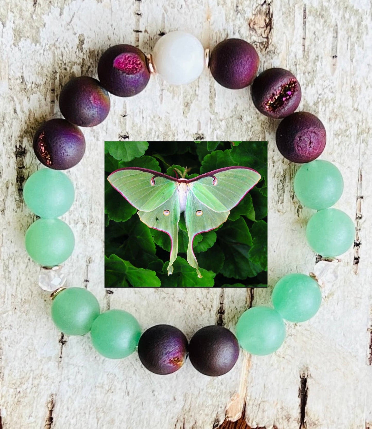 Luna Moth White Agate Beaded Bracelet: Large (8")