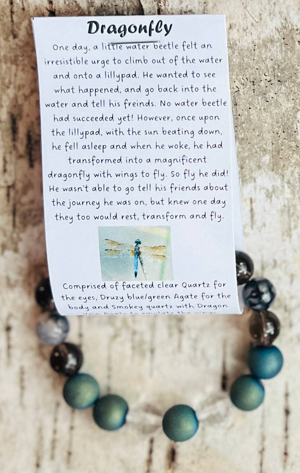 Dragonfly Beaded Bracelet Quartz and Agate: Small/Medium (7")