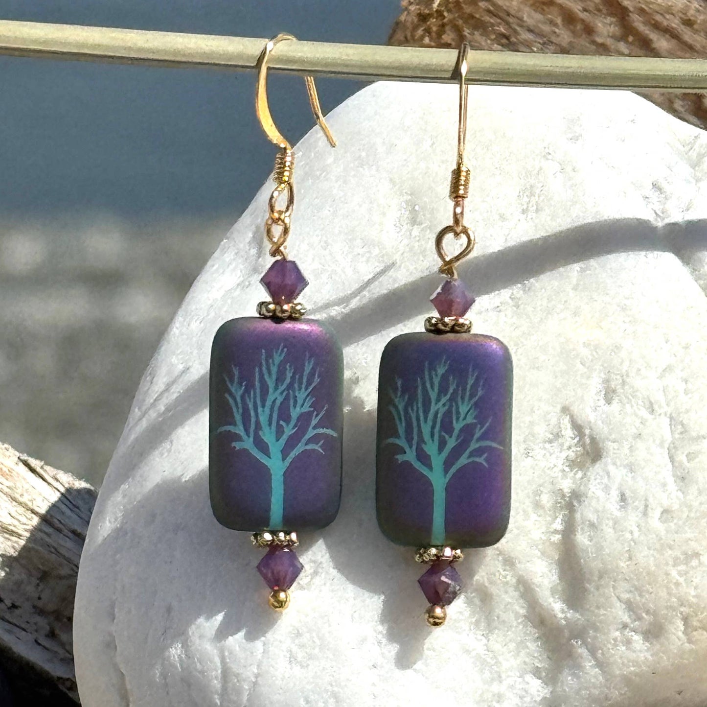 Etched Iris Tree Earrings Purple: Purple Shiney