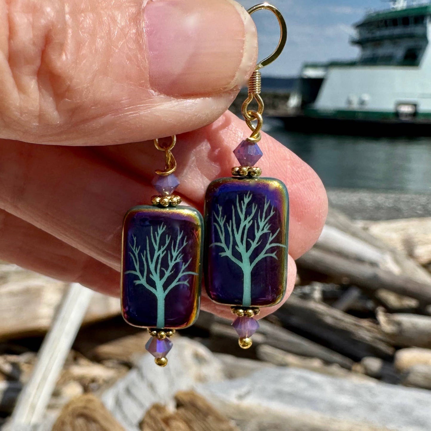 Etched Iris Tree Earrings Purple: Purple Shiney