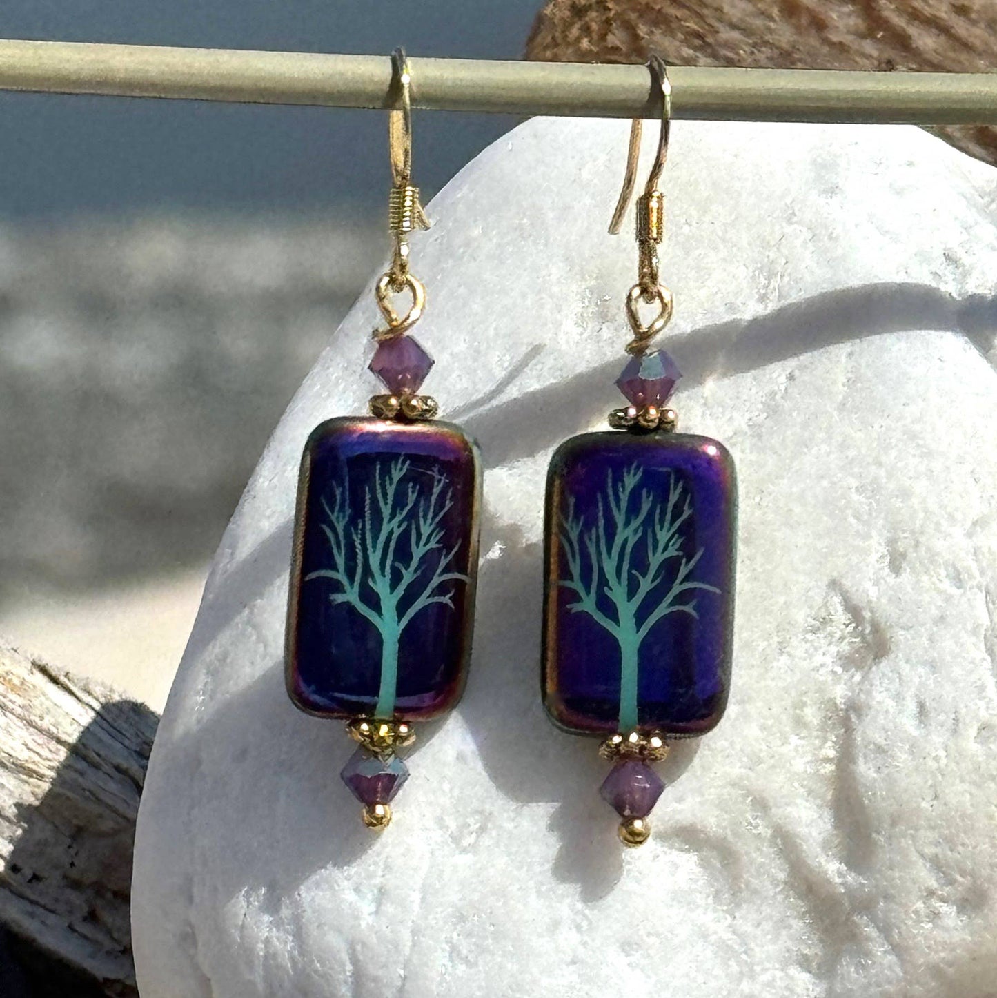 Etched Iris Tree Earrings Purple: Purple Shiney