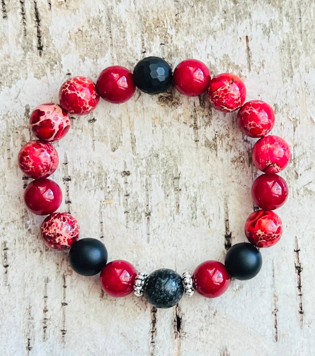 Cardinal Red Jade & Jasper Beaded Bracelet: Large (8")