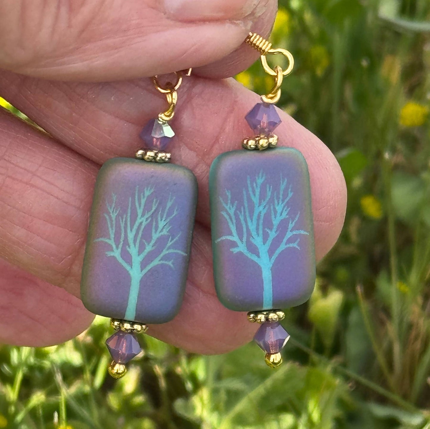 Etched Iris Tree Earrings Purple: Purple Shiney