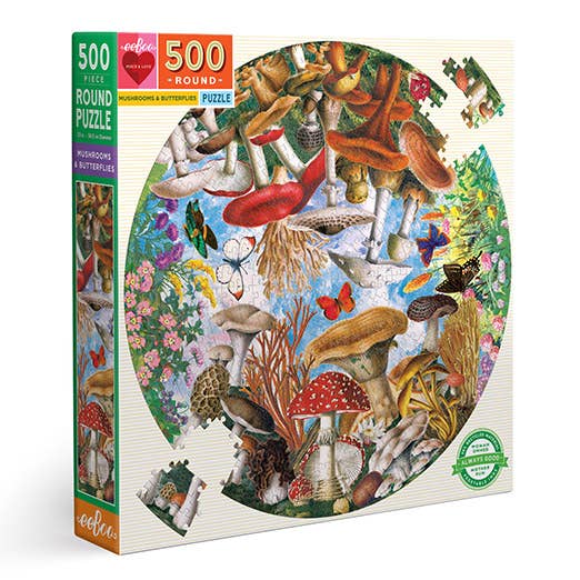 Mushrooms and Butterflies 500 Piece Round Puzzle