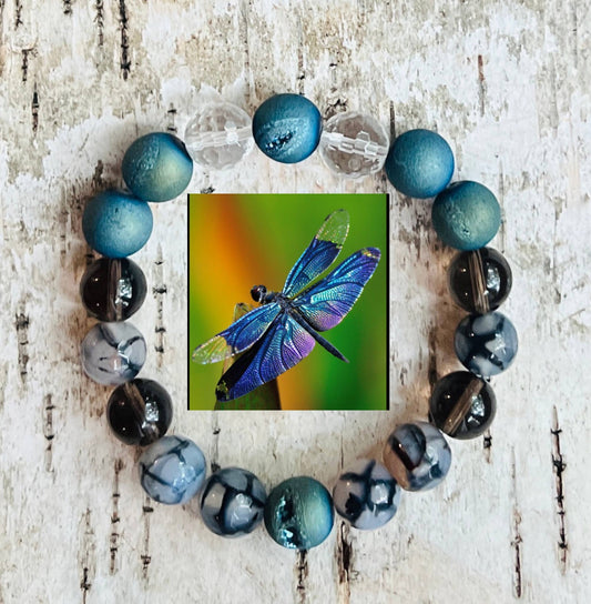 Dragonfly Beaded Bracelet Quartz and Agate: Large (8")